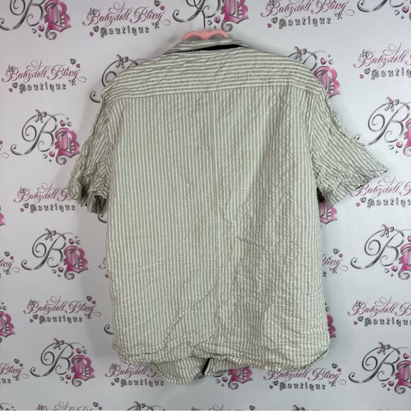 French Connection tshirt tee Striped Gray beige Button Down Shirt black - Picture 2 of 11